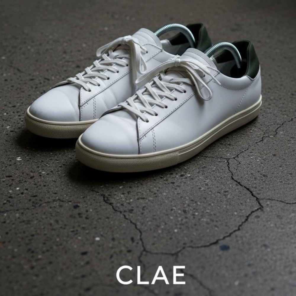Clae Bradley Mens White Leather Low Top Sneakers Dark Olive Heel Size 9.5